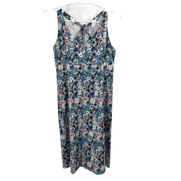 Patagonia Magnolia Spring Blue Black Floral Twist Back Dress Womens Large - Picture 2 of 8